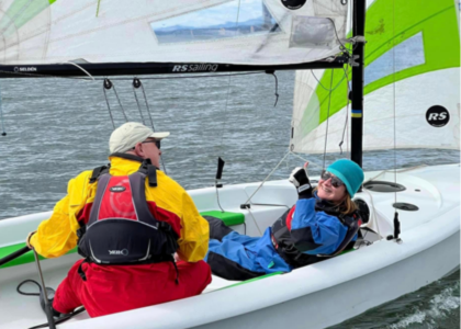 Two people on a dinghy sailing boat dressed in wet weather gear