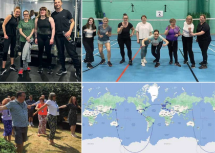 A collage of four photos showing groups of people getting active in different ways, and a map of the challenge.