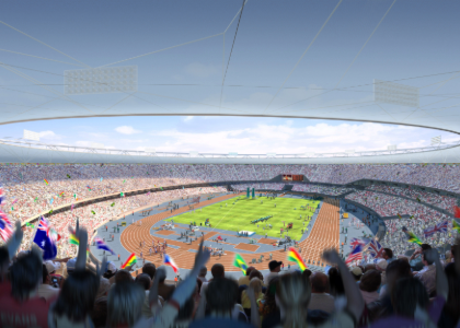 stadium containing athletics track and crowd